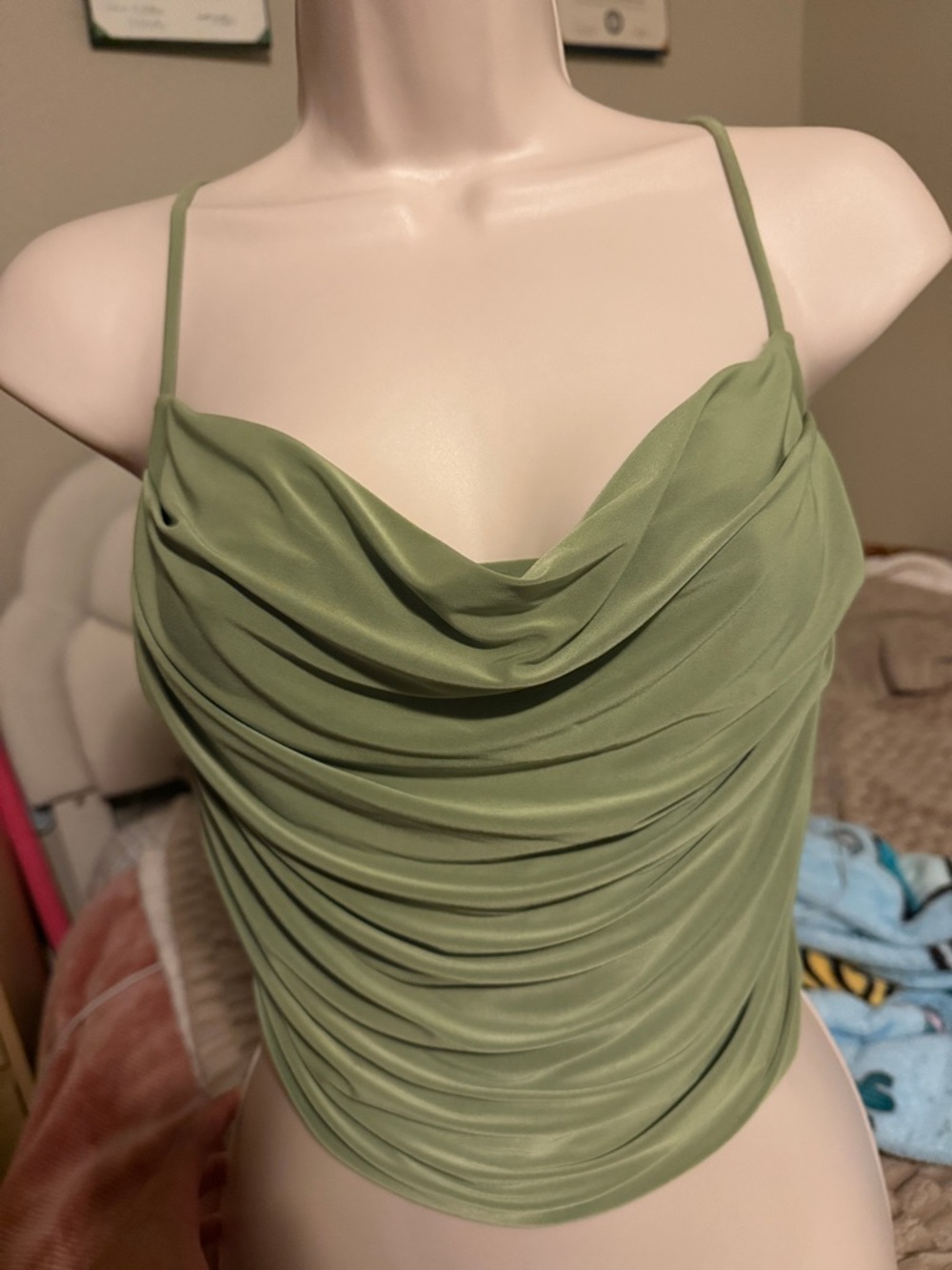 Windsor Olive Green Draped Cowl Neck Camisole with Spaghetti Straps
